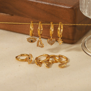 Boucles d'oreilles créoles en acier inoxydable plaqué or 18 carats avec zircon incrusté, motif cœur et étoile, bijoux de mode de luxe léger - Product Image 2