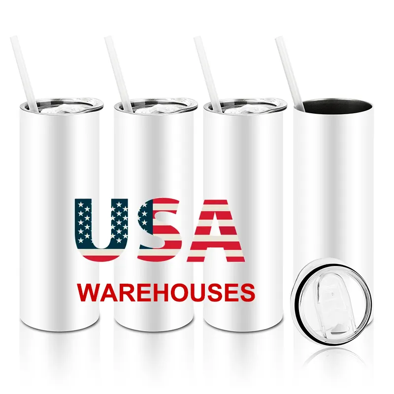 US warehouse stainless steel coffee mug 20 oz white skinny sublimation blank tumblers straight with plastic straws