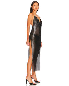 Vestido de fiesta de noche con abertura lateral de cota de metal con cuello Halter negro Vestido de cadena púrpura para mujer - Product Image 4