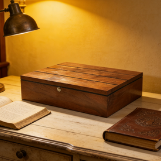 Handmade Walnut Wood Storage Box with Locking Lid | Decorative Organizer for Home & Office
