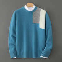 Pull en laine pure à 100 % pour homme, col rond, blocs de couleur, style décontracté chic, tricot ample pour l'automne et l'hiver