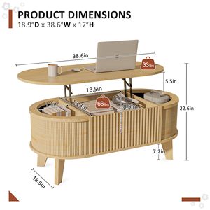 Best Seller Wood Oval Fluted <strong>Lift</strong> Top <strong>Coffee</strong> <strong>Table</strong> - Product Image 2