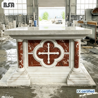 Autel en marbre de style gothique personnalisé BSA avec croix à quatre feuilles et incrustation en marbre rouge, table d'autel de communion catholique pour église