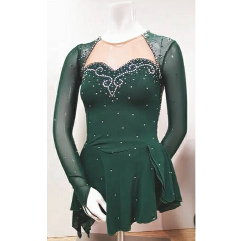Buy In Bulk Green Ice Skating Dress Shiny Rhinestones & Long Sleeve |  Alibaba.com