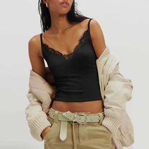 Nouveau débardeur court côtelé en maille unie à col en V sexy en dentelle, style européen et américain, pour femme, vêtement de base décontracté - Product Image 4