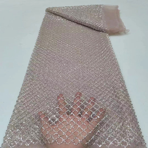 Chất Lượng Cao Màu Lưới Pha Lê Sequin Vải Tulle Nặng Bead Ống Thêu Váy Ren Vải Tại Chỗ - Product Image 6