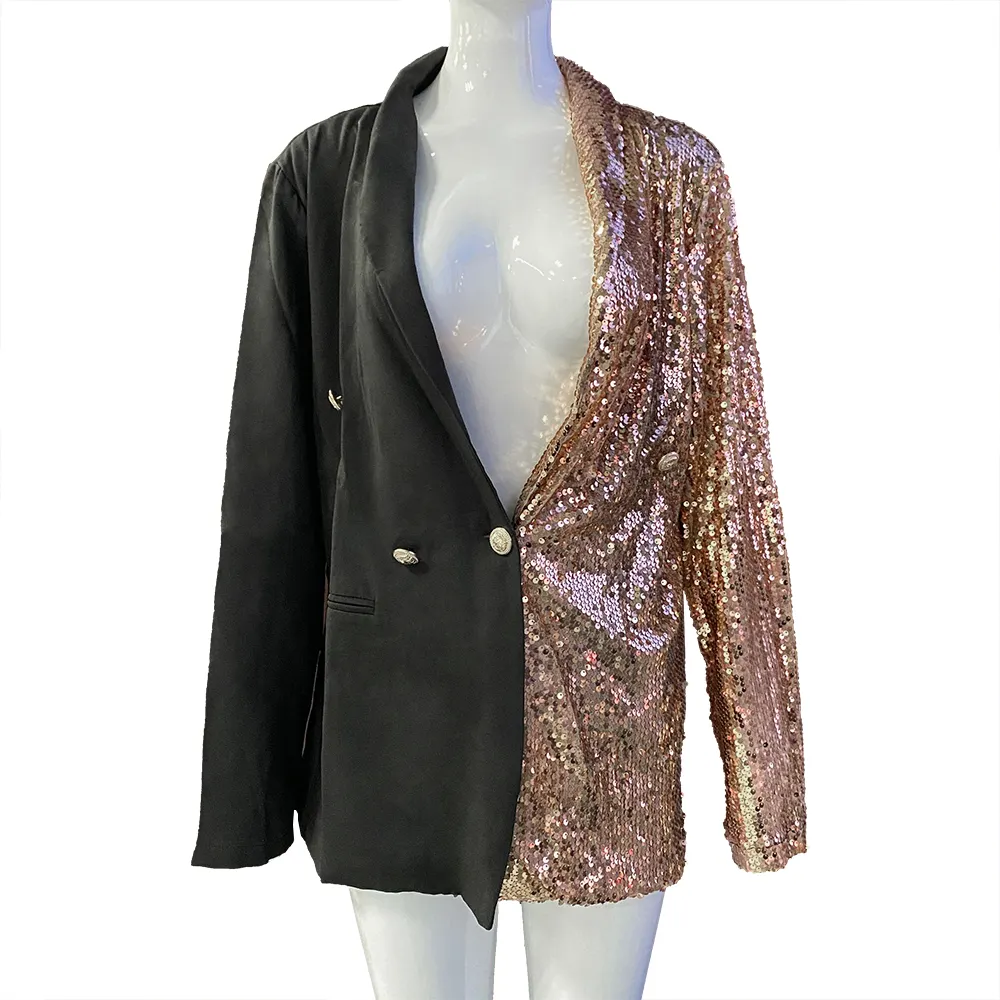 2022 long sleeve skinny black and golden sequin suit two-tone women jacket sequins party pant suits skirt suit
