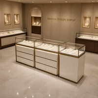 Comptoir de présentation de bijoux modulaire personnalisé, vitrine en verre mat crème, cadre en aluminium bronze, éclairage LED, vente en gros