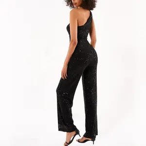 Fashion Lady Clothes Clothing Manufacturers Custom Women 1 Shoulder Sexy See Through Wide Leg Black Sequin Bodycon Jumpsuit