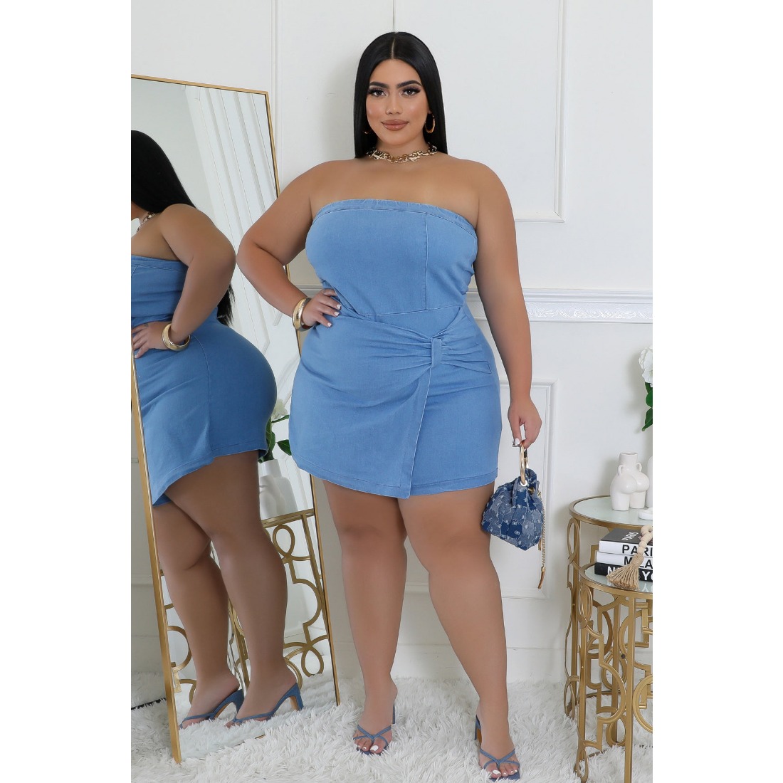 white christmas dresses Symphony Dress - Pearl Beaded Top Denim Plus Size Mini Dress