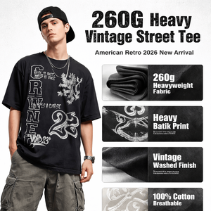 T-shirt en coton épais 260G pour homme, style vintage délavé, motif graphique, streetwear américain rétro, coupe ample, manches courtes, personnalisable - Product Image 2