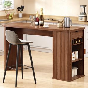 Table d'îlot de cuisine moderne en bois SENYU avec étagère de rangement et porte-bouteilles, forme rectangulaire, design mi-siècle pour salle à manger - Product Image 1