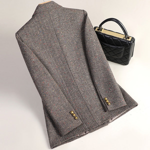 Women's Woolen Blazer Grey Dark Brown Double Breasted Anti-Wrinkle Pocket Design Autumn Winter Casual Commute Style - Product Image 3