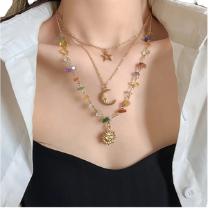 Rétro lune, <span class=keywords><strong>soleil</strong></span>, étoile pendentif collier femmes multicouche couleur or métal couleur <span class=keywords><strong>pierre</strong></span> tissage filles bijoux <span class=keywords><strong>de</strong></span> mode - Product Image 1