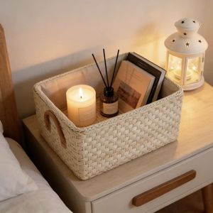 Panier de rangement écologique en écorces de maïs tressées avec doublure en toile et poignées en PU, style européen, organisateur de bureau pour garde-manger, salle de bain, placard - Product Image 6