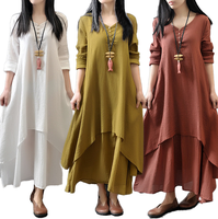 Robe longue maxi élégante en coton et lin pour femmes, été automne, écologique, unie, ample, grande taille
