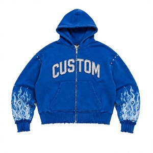 Sweat-shirt à capuche zippé en polaire bleu pour homme, lettrage personnalisé en strass, 100% coton, style streetwear d'hiver - Product Image 5