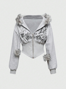 <b>Women's</b> <b>Black</b> Faux Fur Trim Cropped <b>Hoodie</b> <b>Zip</b> Up Embroidered Sweatshirt Slim Fit Casual Jacket - Product Image 1