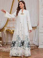 Robe longue décontractée musulmane à col montant, imprimé floral, broche en strass, manches longues, coupe modeste