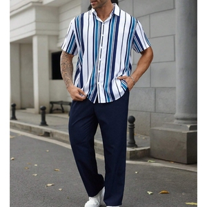 Casual gestreept shirt met korte mouwen en lange broek Herenkleding 2-delige set Sehe Fashion - Product Image 2