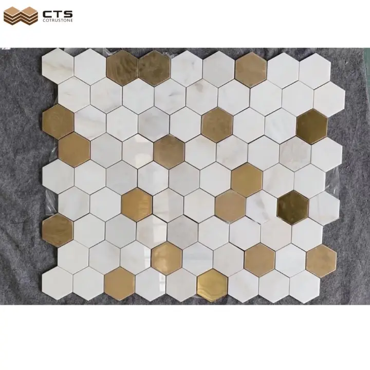 Mosaico hexagonal de mármol blanco con incrustaciones de oro, azulejos para suelo de baño para construcción del hogar de Europa, 2021