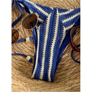 FOXA Ensemble bikini rayé pour femme, maillot de bain 2 pièces en crochet, triangle, dos nu, à nouer sur les côtés, extensible, pour la plage - Product Image 5