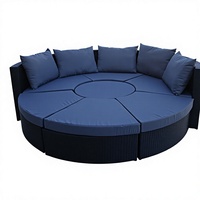 Outdoor-Sofa-Set Modulares PE-Rattan Rundes Tagesbett mit Blaugrauen Kissen Patio-Rattan Outdoor-Sofa-Set