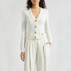 Cardigan tricoté de luxe personnalisé OEM ODM, mode féminine, tricots pour femmes, <span class=keywords><strong>pull</strong></span> à épaulettes, cardigans en tricot à boutons dorés pour femmes - Product Image 2