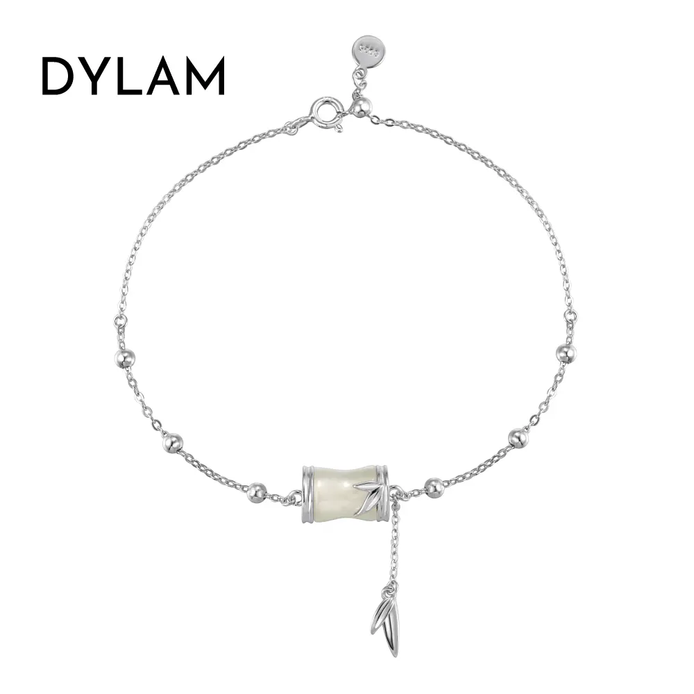 Dylam Elegance S925 Silver Rhodium 22K Gold Plated Beaded Link Chain Hetian Jade Bamboo Pendant Fine Fashion Jewelry Bracelets