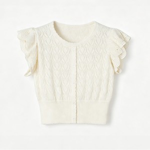 Suéter de punto con encaje para mujer de Dalang Sweater Factory, top corto ajustado de manga corta con aberturas, cárdigan transpirable a la moda - Product Image 5