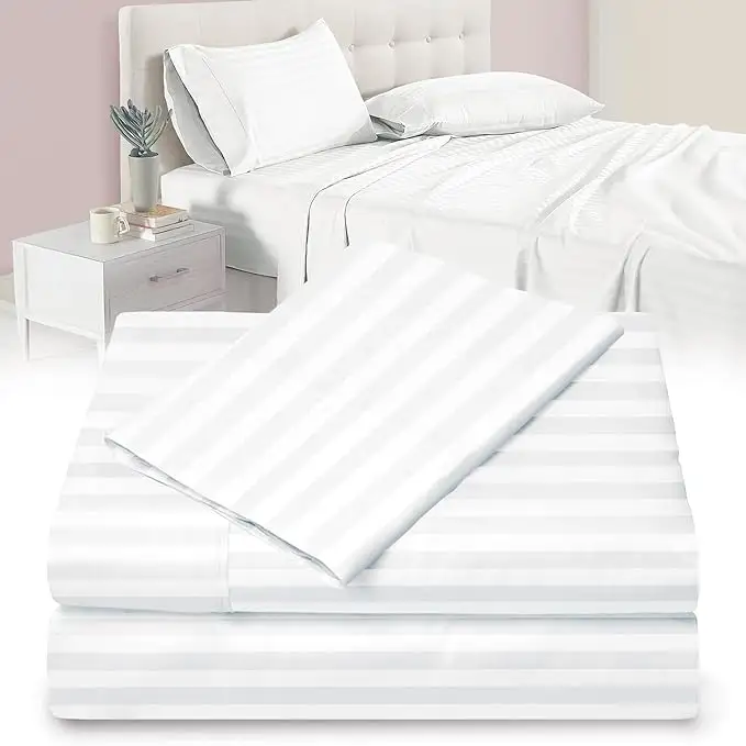 Venta al por mayor Hotel 300Tc funda nórdica blanca juego de sábanas ajustadas 3Cm raya 100% juego de cama de algodón