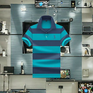 Chemises d'été slim fit rayées à col montant pour hommes, 100 % coton 200g, tricotées, brodées, écologiques, style décontracté chic, vente en gros - Product Image 3