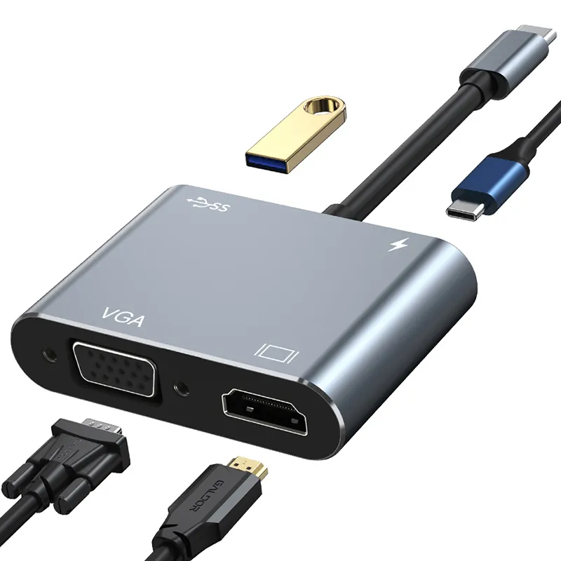 Cổng Chuyển Đổi USB 4 Trong 1 Type C, Cổng USB C Hub 4K HDTV VGA, Có Sạc USB 3.0 PD Cho Dell, Asus, Máy Tính Xách Tay HP, Mac