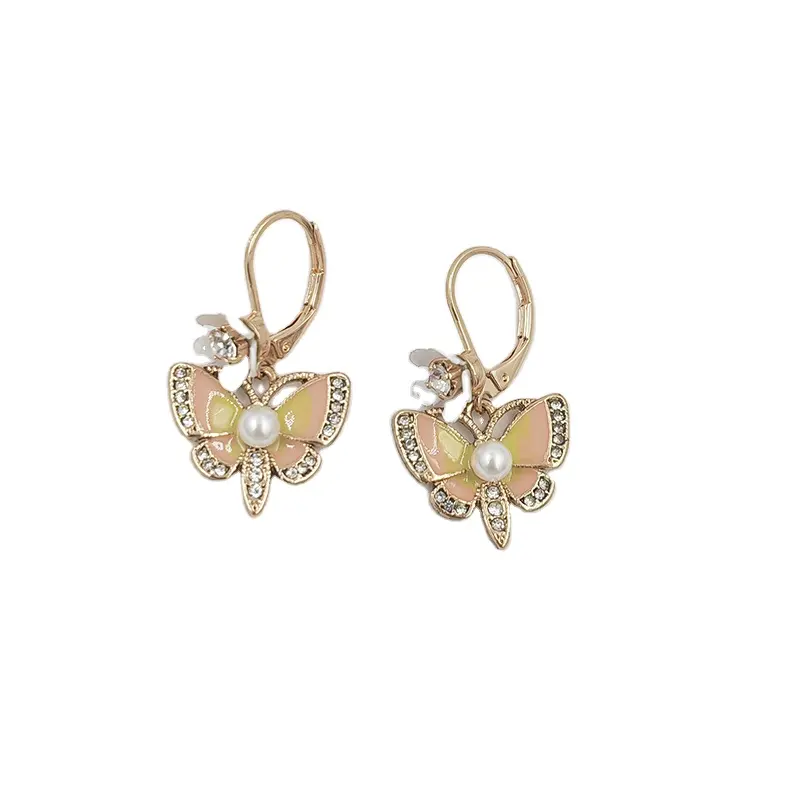 Nouvelle marque cristal émail papillon boucles d'oreilles pour femmes breloques déclaration perle boucle d'oreille bijoux de fête