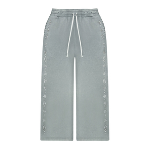 [Ready to Ship] Men's Heavyweight Cotton Sweatpants Distressed Flower <b>Stud</b> Elastic Waist Casual Trousers Wholesale - Product Image 1