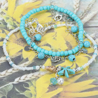 Bracelet de cheville bohème 4 pièces, ensemble de perles, étoile de mer, Turquoise, tortue, plage d'été, ensembles de bracelets de cheville, chaîne de pied, bijoux