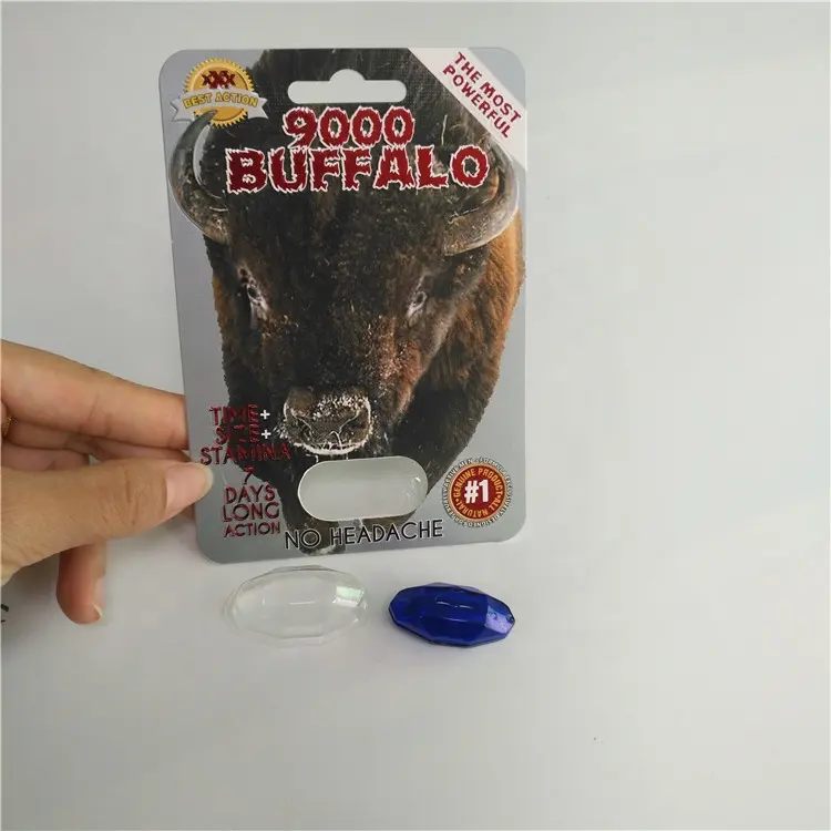 Özel tasarım kabul Blister kağıt kartları BUFFALO 9000 Thunder Bull 9000 kapsül ambalaj kartları ile hap kağıt teşhir standı kutu