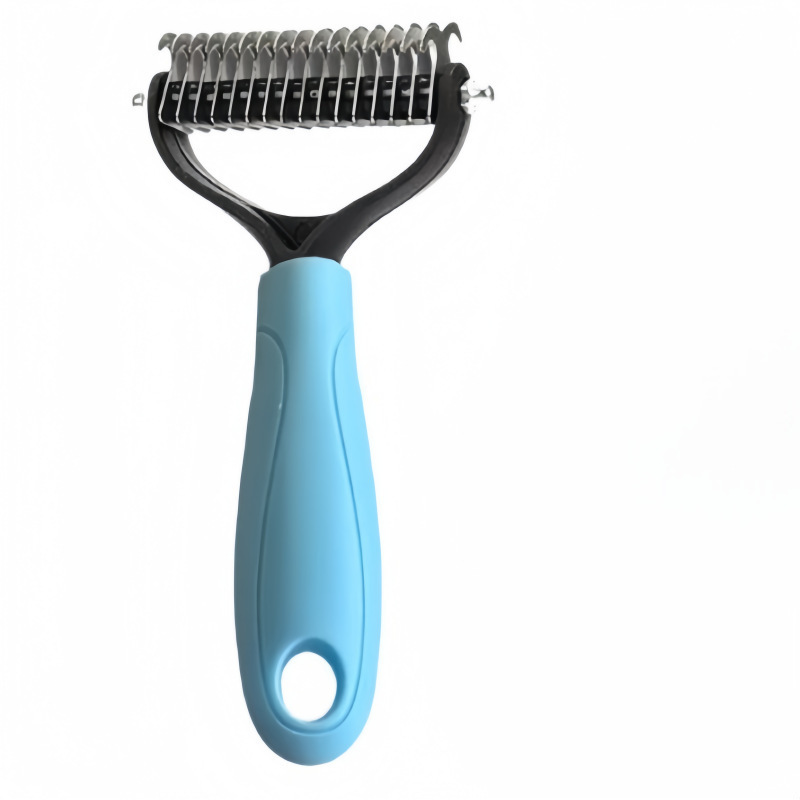 หวีสัตว์เลี้ยงสองด้านสีฟ้า สำหรับสางขนพันกัน