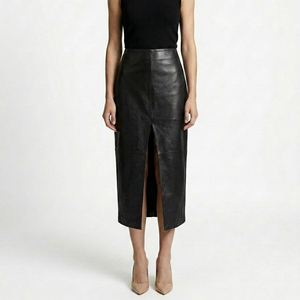 <span class=keywords><strong>Jupe</strong></span> crayon midi en <span class=keywords><strong>cuir</strong></span> pour femme, taille haute, fente avant, noire, élégante, sur mesure - Product Image 2