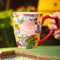 Tasse en céramique motif floral avec bord rouge, exquise pour le petit-déjeuner, idéale pour la maison et le bureau, pour le thé et le café au quotidien
