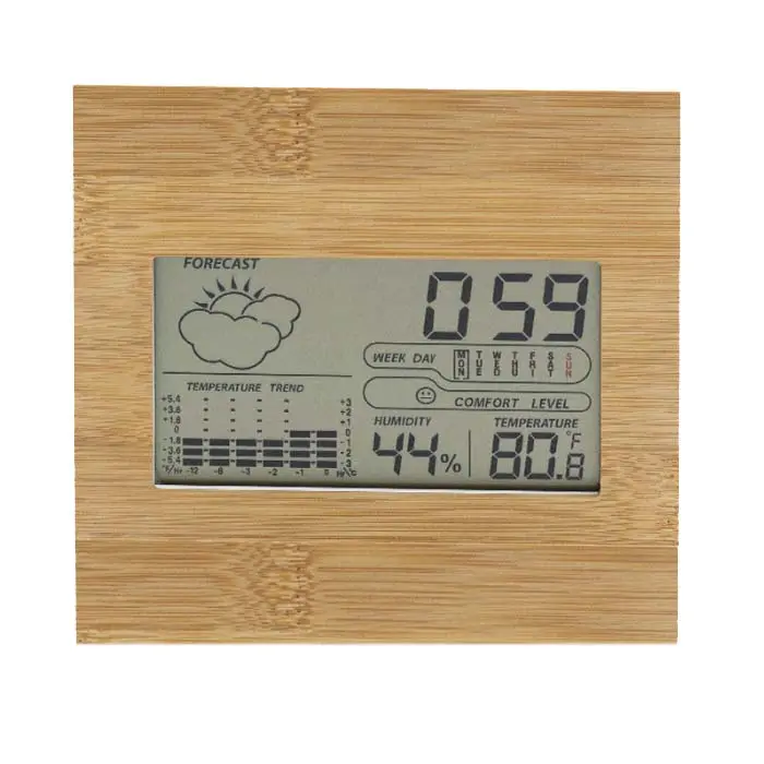 Wooden Bamboo Digital Alarm Electronic Table Desktop Clock Snooze With Temperature Humidity Weather Station BSCI Factory