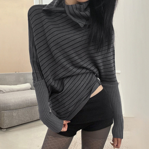 Y2K Vintage Stripe Print Women's Long Sleeve T-Shirt Lapel Knit Loose Plus Size Casual Sport <b>Top</b> - Product Image 1