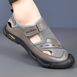 Fasthin Mesh <b>Closed</b> <b>Toe</b> <b>Sandals</b> Flat Velcro Closure Breathable Men's Summer Shoes Gray Black Brown Adult Size 3102 - Product Image 1