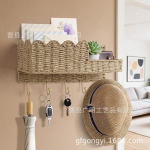 Paper Rope Woven Key Holder Wall Mounted <b>Shelf</b> With <b>Hooks</b> For Keys And Mail Storage Organizer Rectangle Shape - Product Image 2