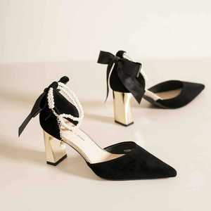Velvet Ankle Strap Heels <b>With</b> Pearl Chain And <b>Bow</b> Wedding <b>Shoes</b> For Women - Product Image 4