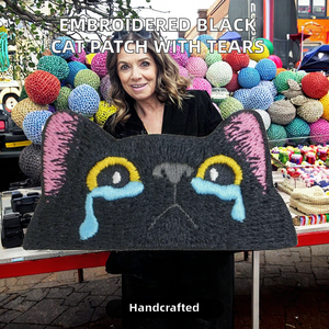 EMO Cute Black Cat Tears Embroidered Sequins Canvas <b>Sew</b>-<b>On</b> Tactical Animal <b>Patches</b> for Hat Bag Applique - Product Image 2