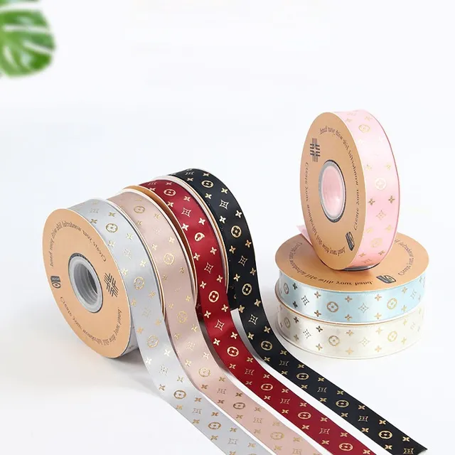 2.5Cm 1Inch 50Yards Thiết Kế Sang Trọng Grosgrain Lá Vàng In Satin Ribbon Cuộn Cá Nhân Trang Trí Quà Tặng Hoa Gói