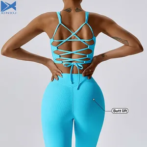XINXU 2024 Conjuntos de fitness para mulheres com logotipo personalizado costas cruzadas, sutiã esportivo para corrida ao ar livre, academia e ioga