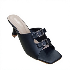 Elegantes Sandalias Negras de Tacón Alto con Punta Cuadrada, Tiras Dobles con Hebilla y Espalda Abierta, Calzado de Moda para Fiestas de Verano para Mujer - Product Image 1