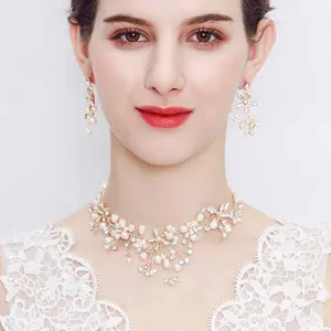 Mianino新款欧美新娘饰品婚礼手工珍珠项链耳环锆石银饰品套装925英镑